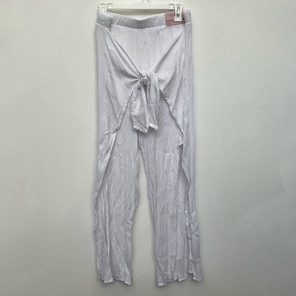 NWT Serra White Gauze Tie Front Slit Leg Beach Pants Coverup Size L Pool Summer